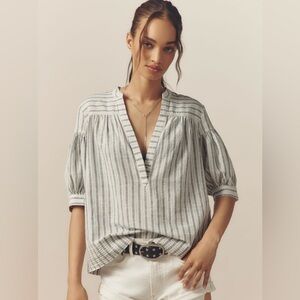 Anthropologie Darcey Popover Swing Top Linen Cotton, Soft Olive Combo, Size XS